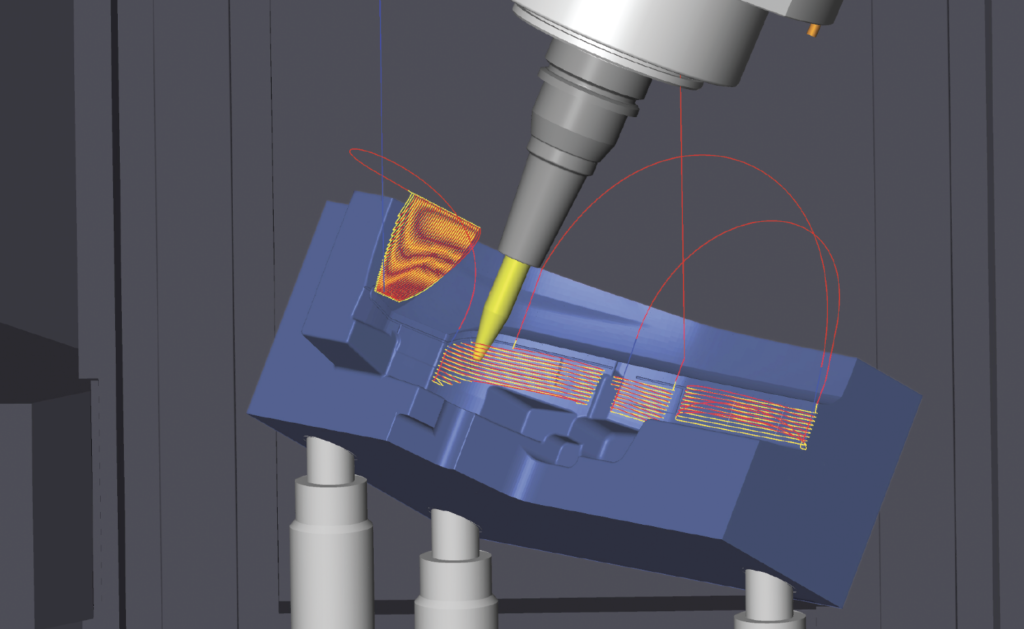 In a virtual machining center environment, such as when using hyperMILL® VIRTUAL Machining Optimizer, individual part programs can be linked with smooth and safe connections that enable the cutter to remain close to the workpiece.